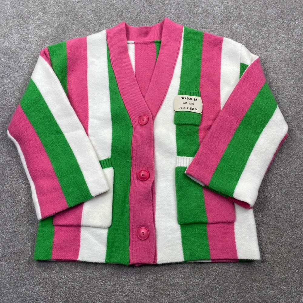 PCLA & YUEFA Cardigan Sweater Women S Pink Green White Striped V-Neck Button